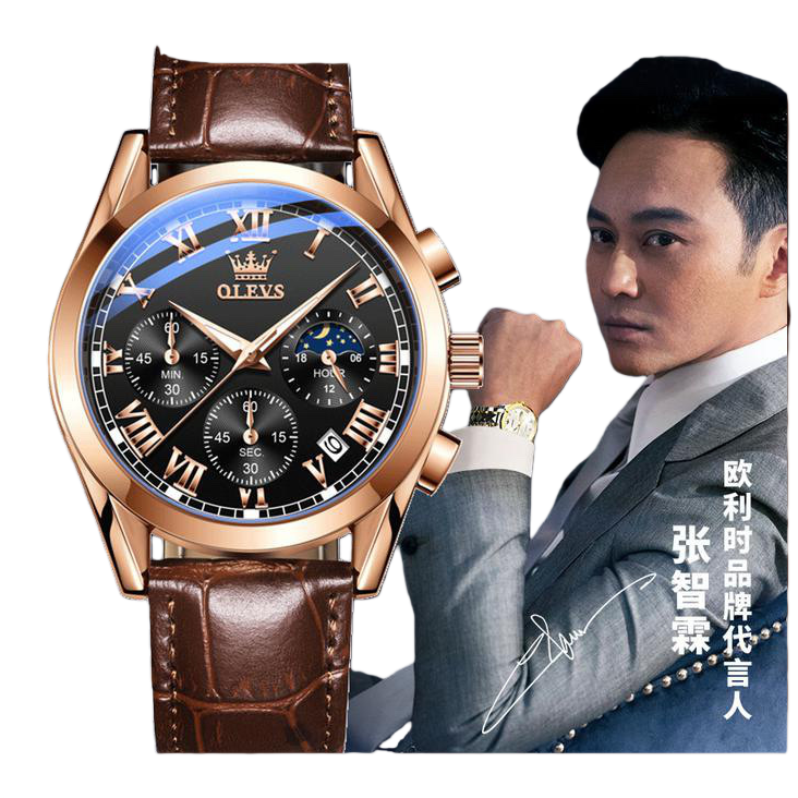 玫瑰金表壳棕色鳄鱼纹皮带黑色表盘计时码表白底实物图