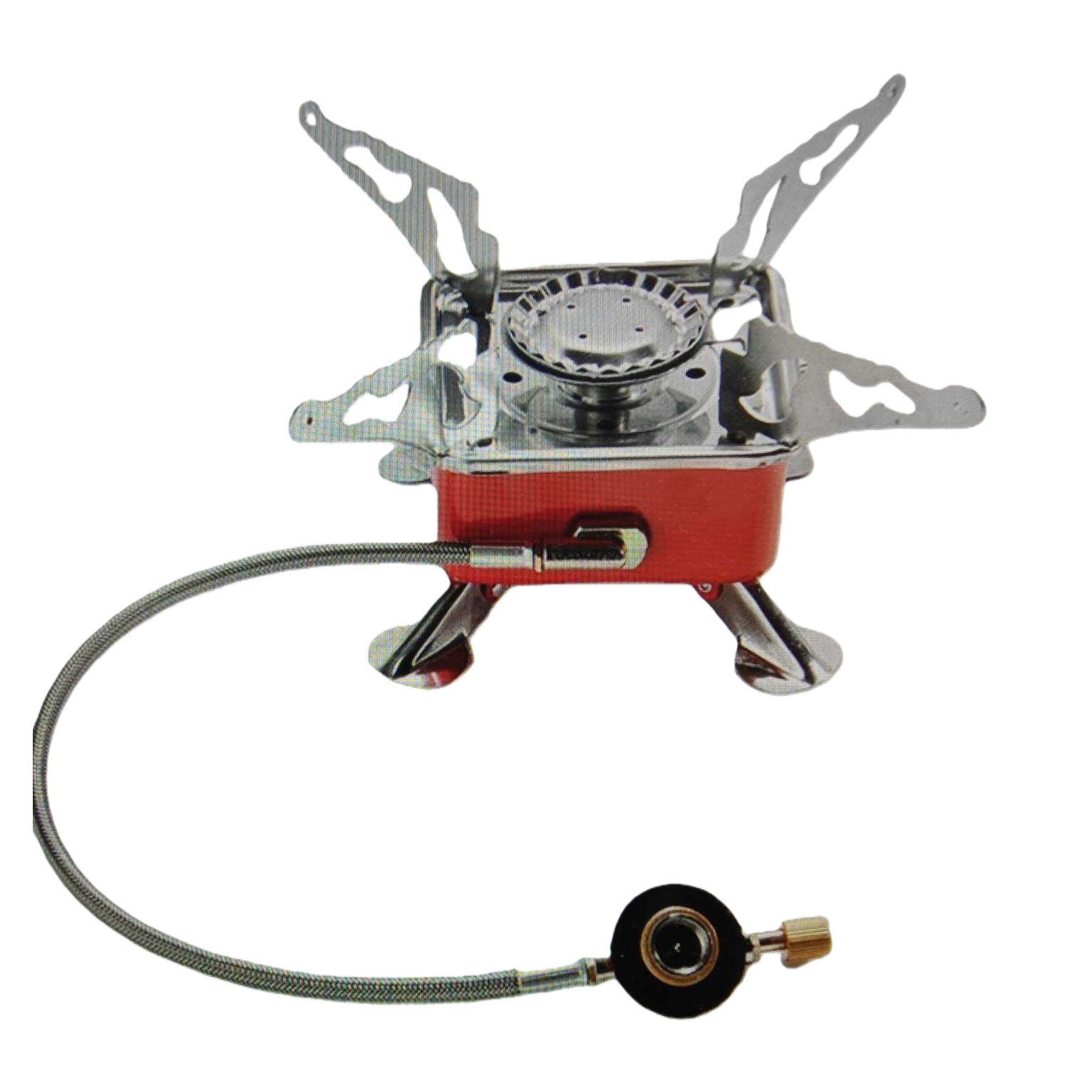 The red portable gas stove is equipped with a metal stand and a hose fitting Item Picture