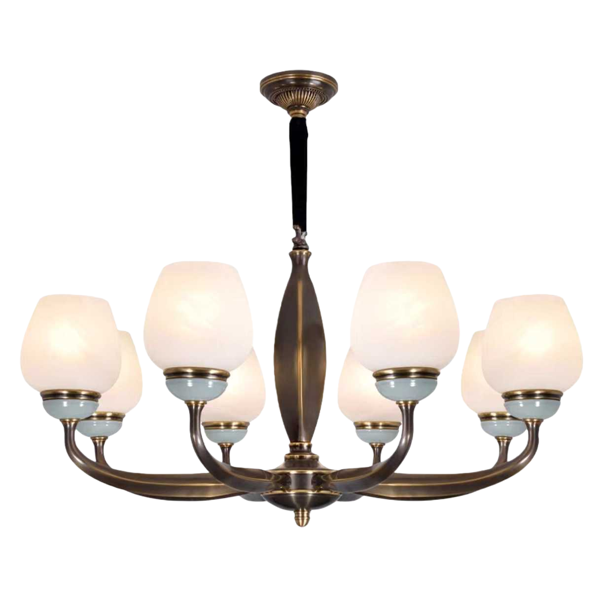 A bronze-colored chandelier with a milky white frosted glass lampshade and a light cyan base Item Picture