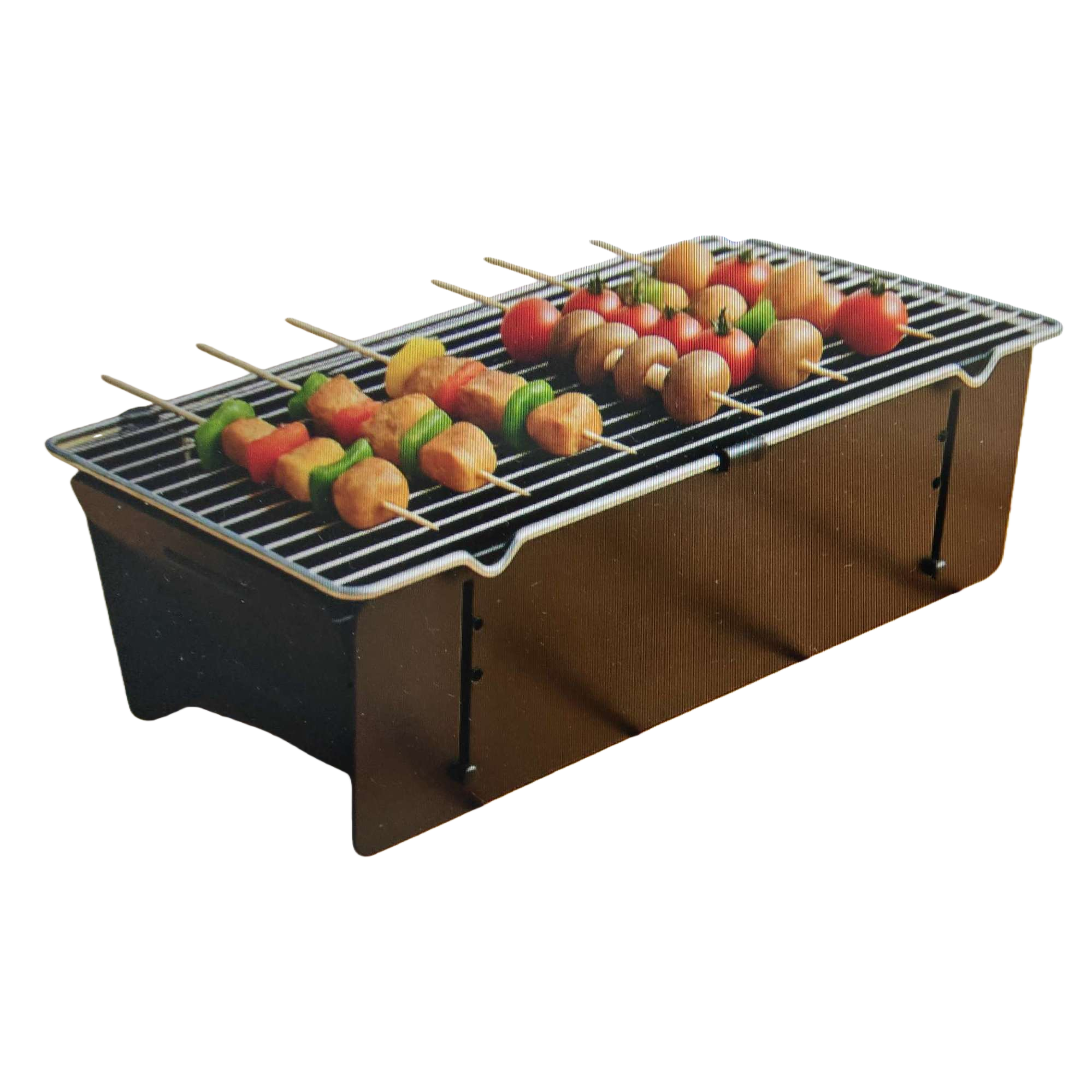 Black portable grill with skewer ingredients, home and outdoor barbecue set Item Picture