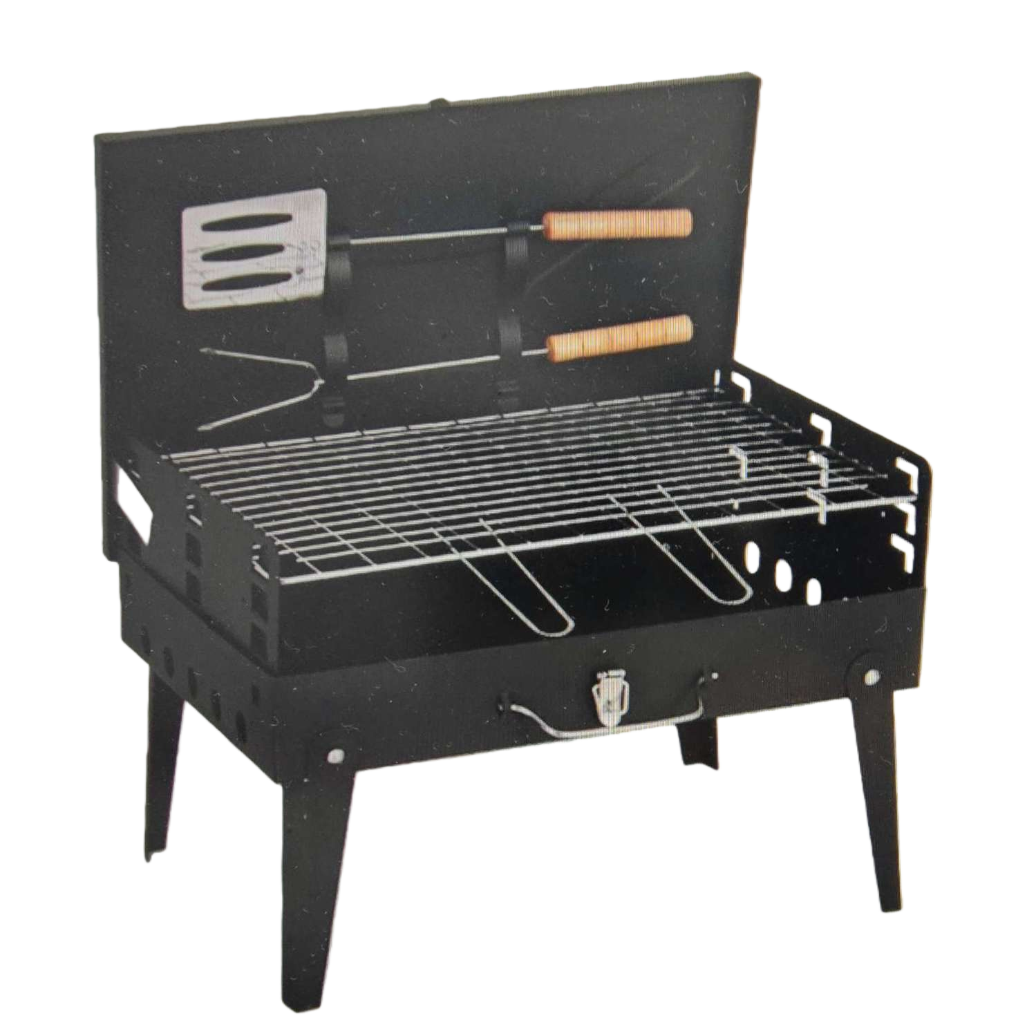 The black portable grill comes with a rack for grilling tools and four legs Item Picture