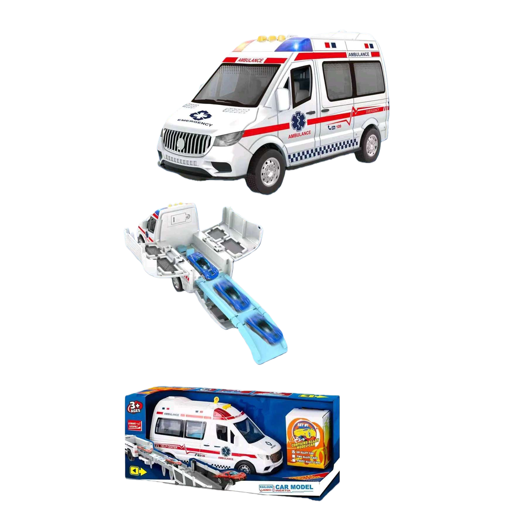 The white ambulance model car with a red striped medical star-shaped logo can be launched from the vehicle compartment Item Picture
