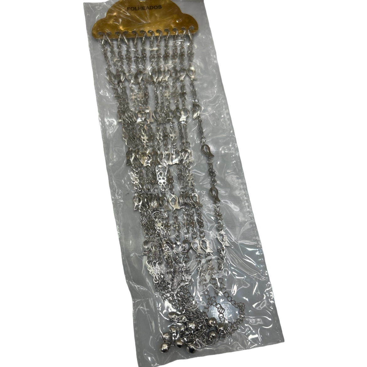 FOLHEADOS silver metal chain jewelry in a transparent plastic bag with a golden cloud label Item Picture