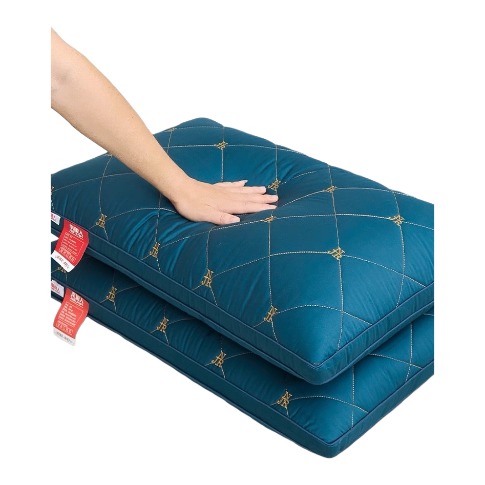 The deep blue diamond-patterned high-elastic and fluffy pillow shows its rebound effect when pressed by hand Item Picture