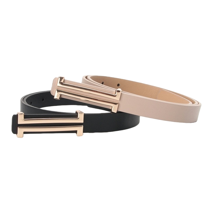 Black and beige two-tone belt with golden H-shaped buckle, unisex genuine leather belt Item Picture