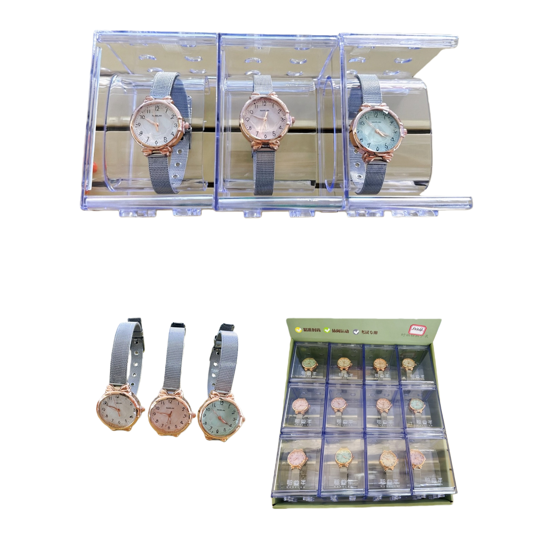 The Snow Year rose gold case mesh watch comes in three sizes: white, pink and light green, with a gray metal mesh strap and a transparent display stand Item Picture
