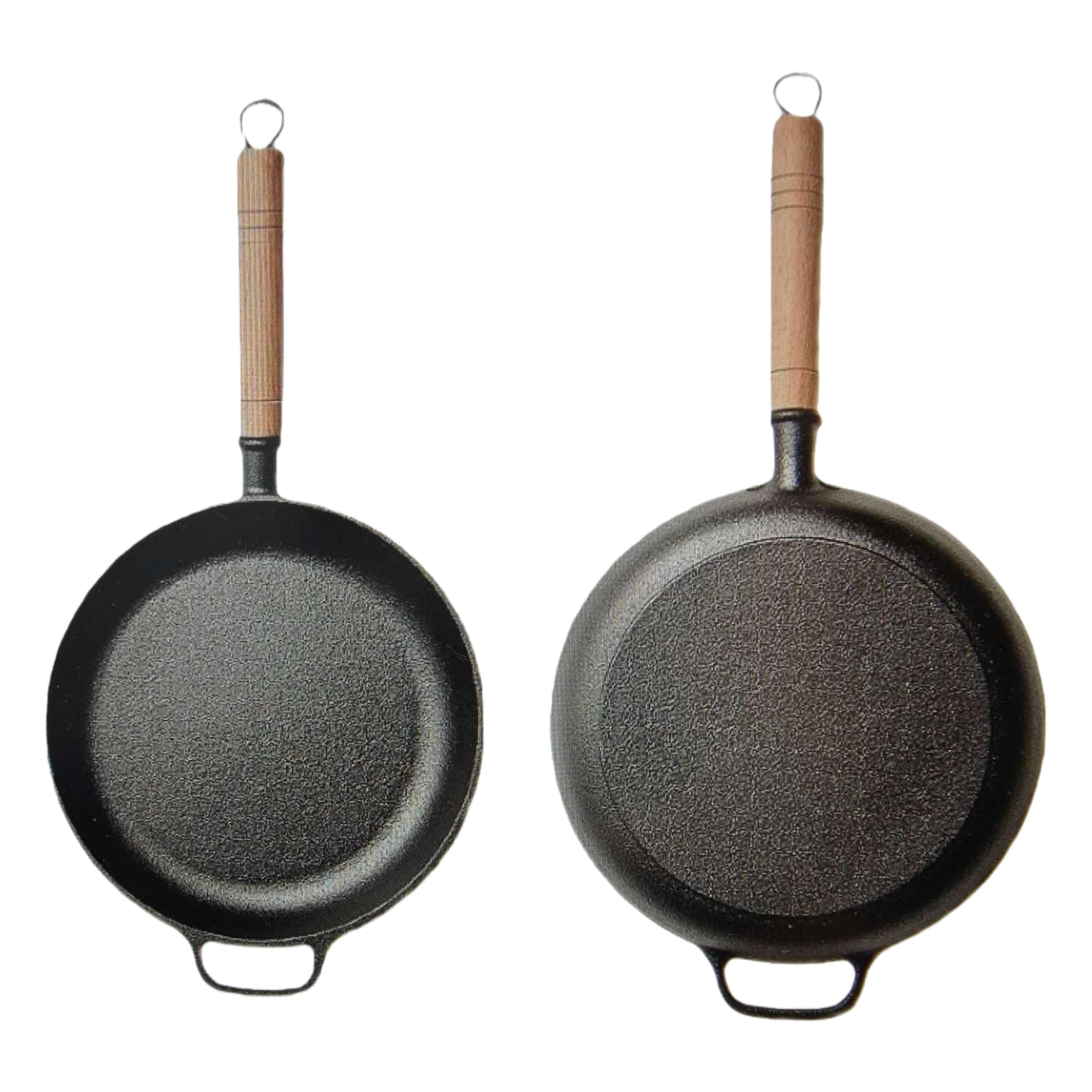 A black cast iron pot with a wooden handle is a household kitchen utensil for frying, stir-frying, stewing and boiling Item Picture