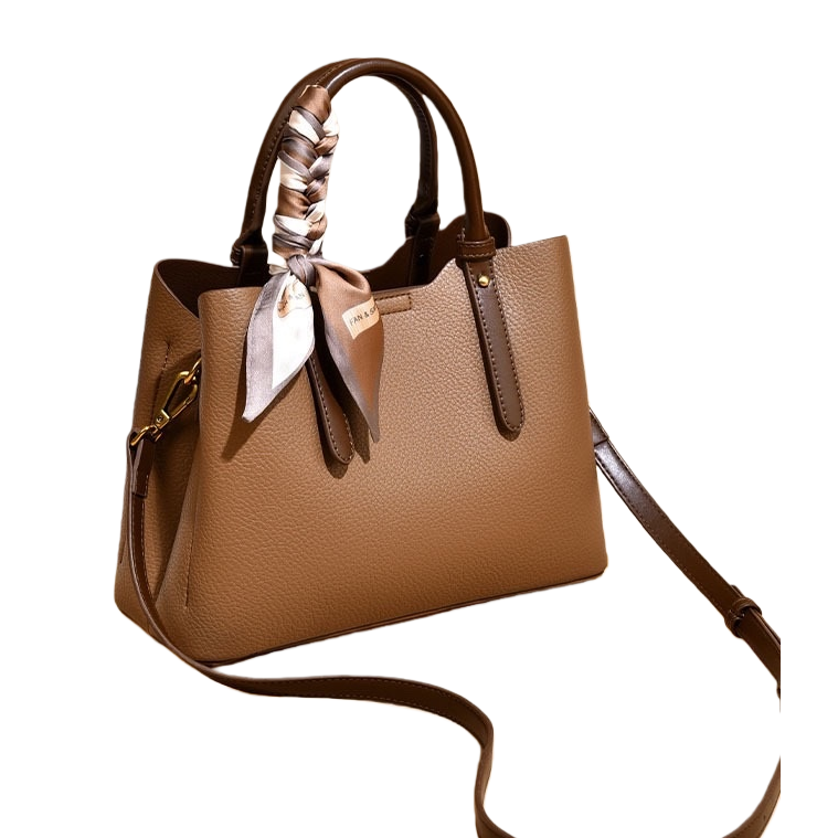 Bolso con textura marrón con bandolera desmontable decorada con pañuelo Item Picture