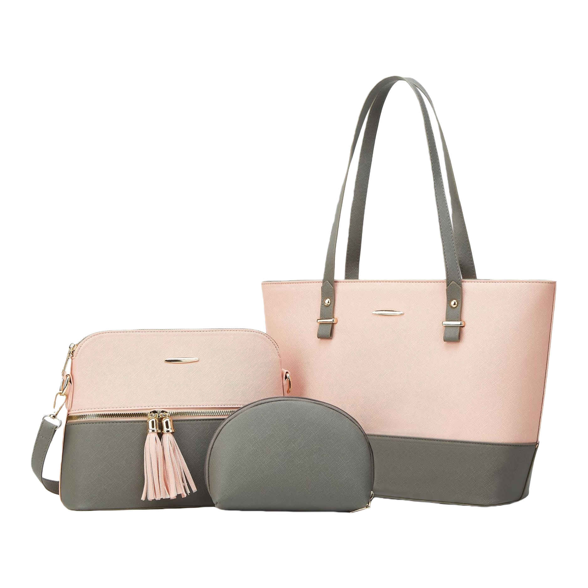 Pink and gray color-block handbag set, large tote bag, crossbody bag, round cosmetic bag Item Picture