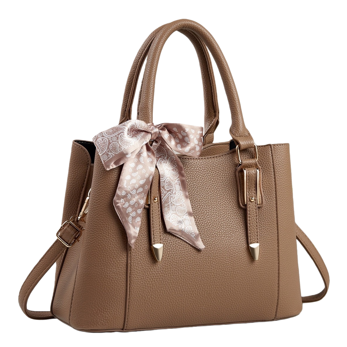A fashionable commuting bag for women with a brown textured handbag and a white patterned silk scarf bow Item Picture