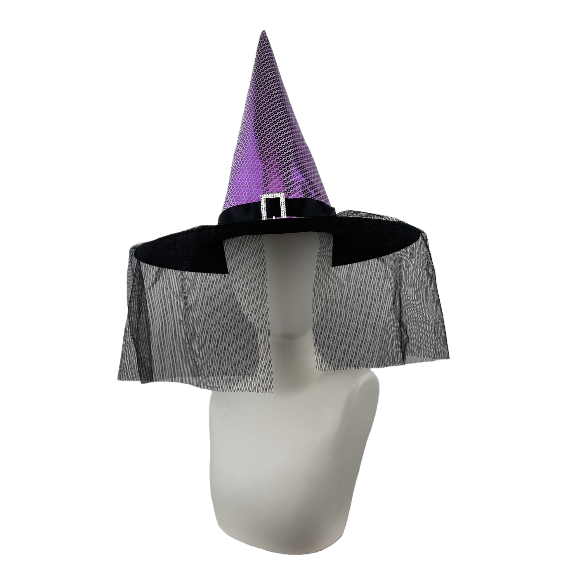 Purple sequined pointed witch hat, black wide-brimmed mesh curtain, and silver buckle decoration Item Picture
