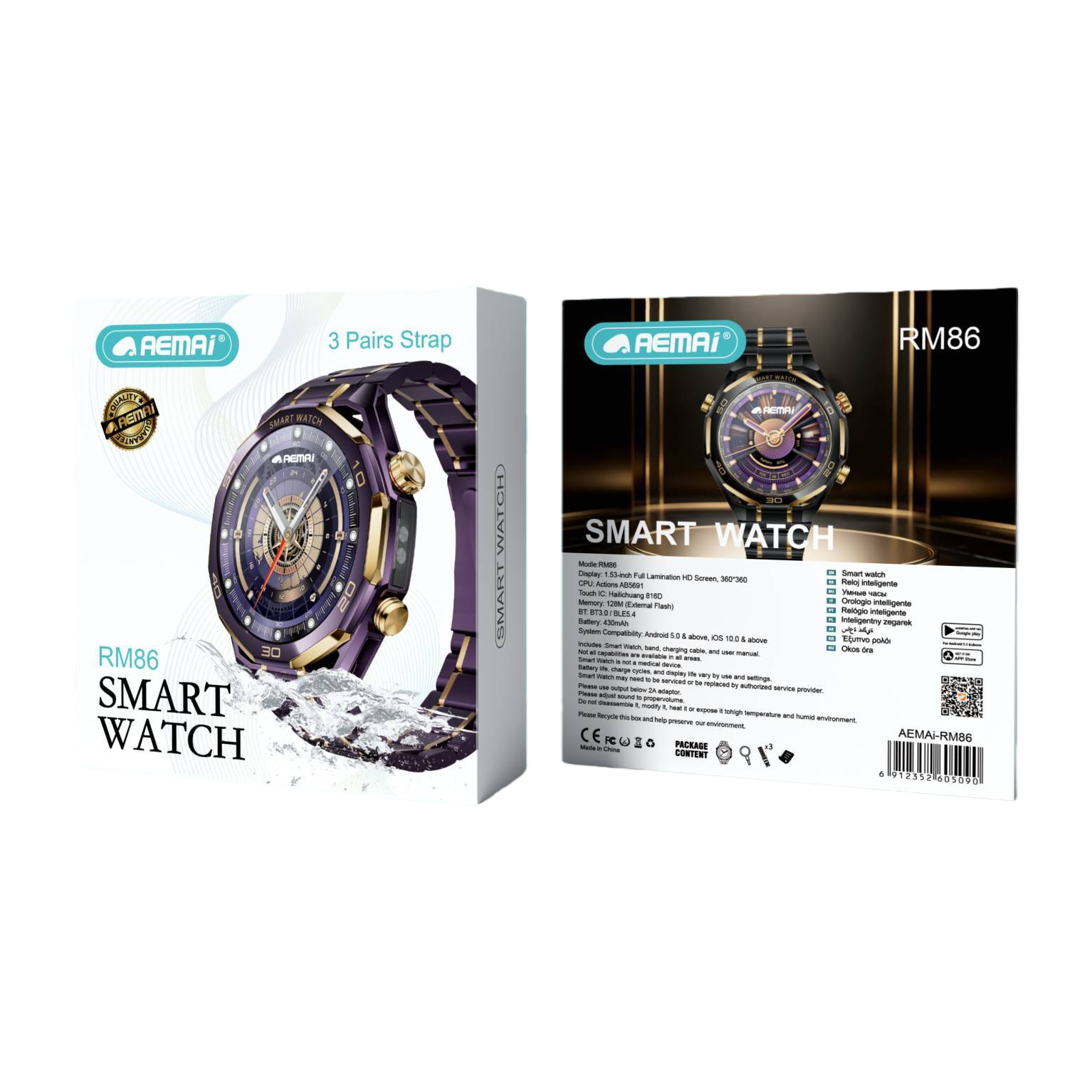 The smartwatch with a purple strap and golden frame supports heart rate monitoring, Bluetooth calls and sports mode Item Picture