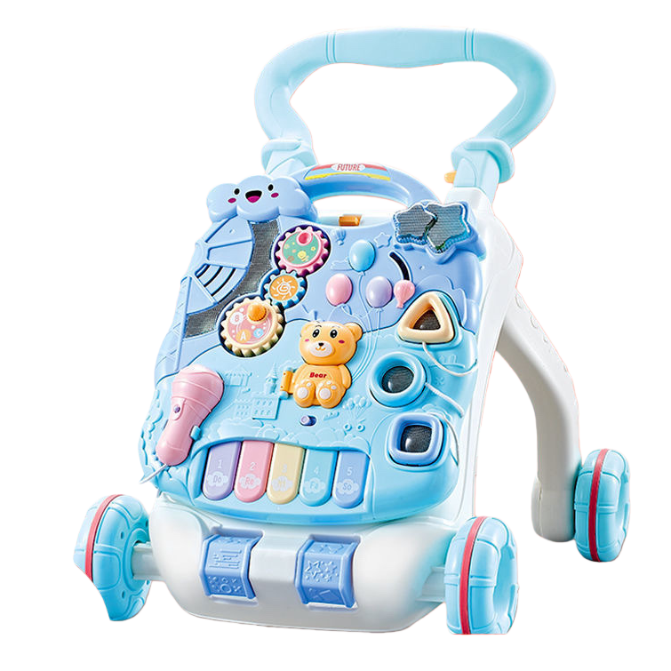 Andador azul con mesa de juego variable tanque de agua de aumento de peso incorporado velocidad ajustable puede aumentar la altura anti-volteo con micrófono llave de piano muñeca de oso juguete de puzzle Item Picture