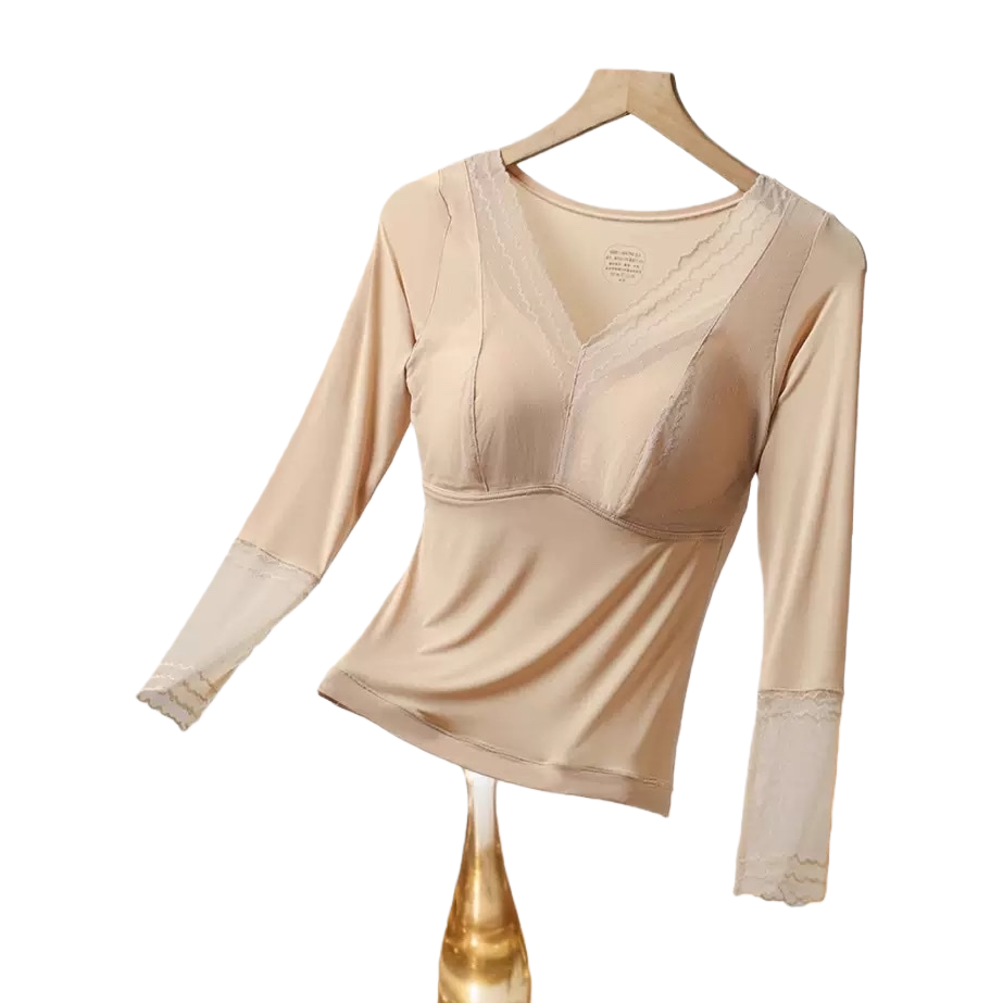 Beige warm long-sleeved fitted base layer with lace trim and built-in chest pads Item Picture