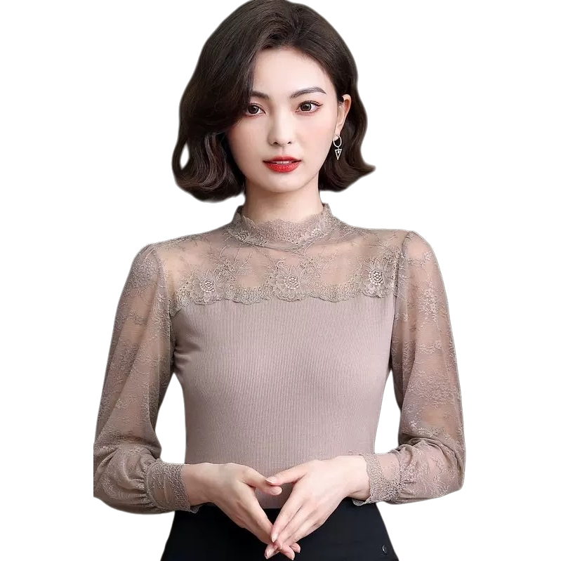 Beige lace patchwork long-sleeved top for women, slimming and elegant, versatile Item Picture