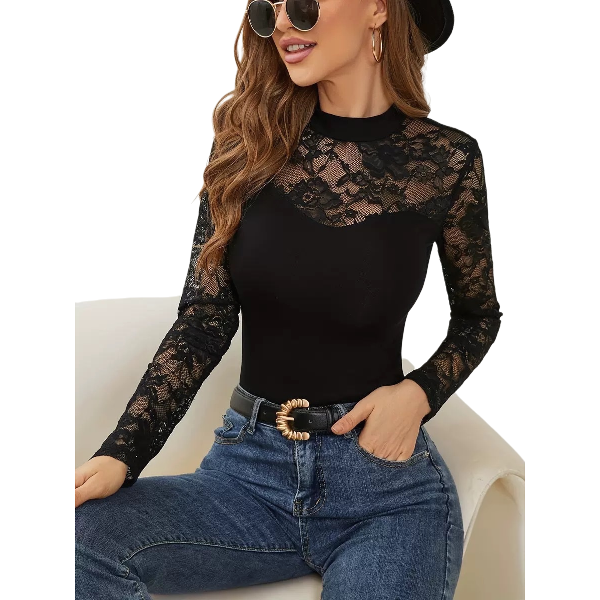 Black lace patchwork high-neck long-sleeved top, a versatile inner layer for women to slim and look good in autumn and winter Item Picture