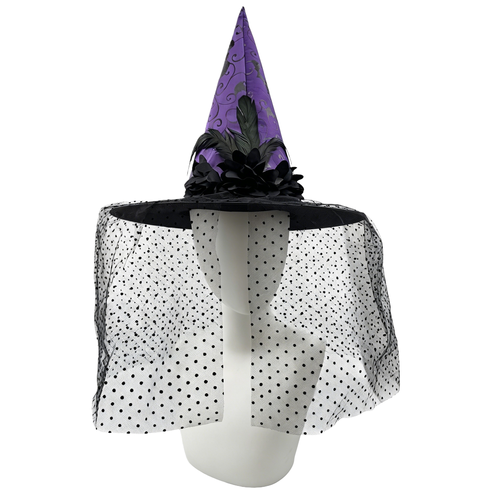 Halloween party props: orange and black patterned pointed witch hat with black polka dot chiffon mask Item Picture