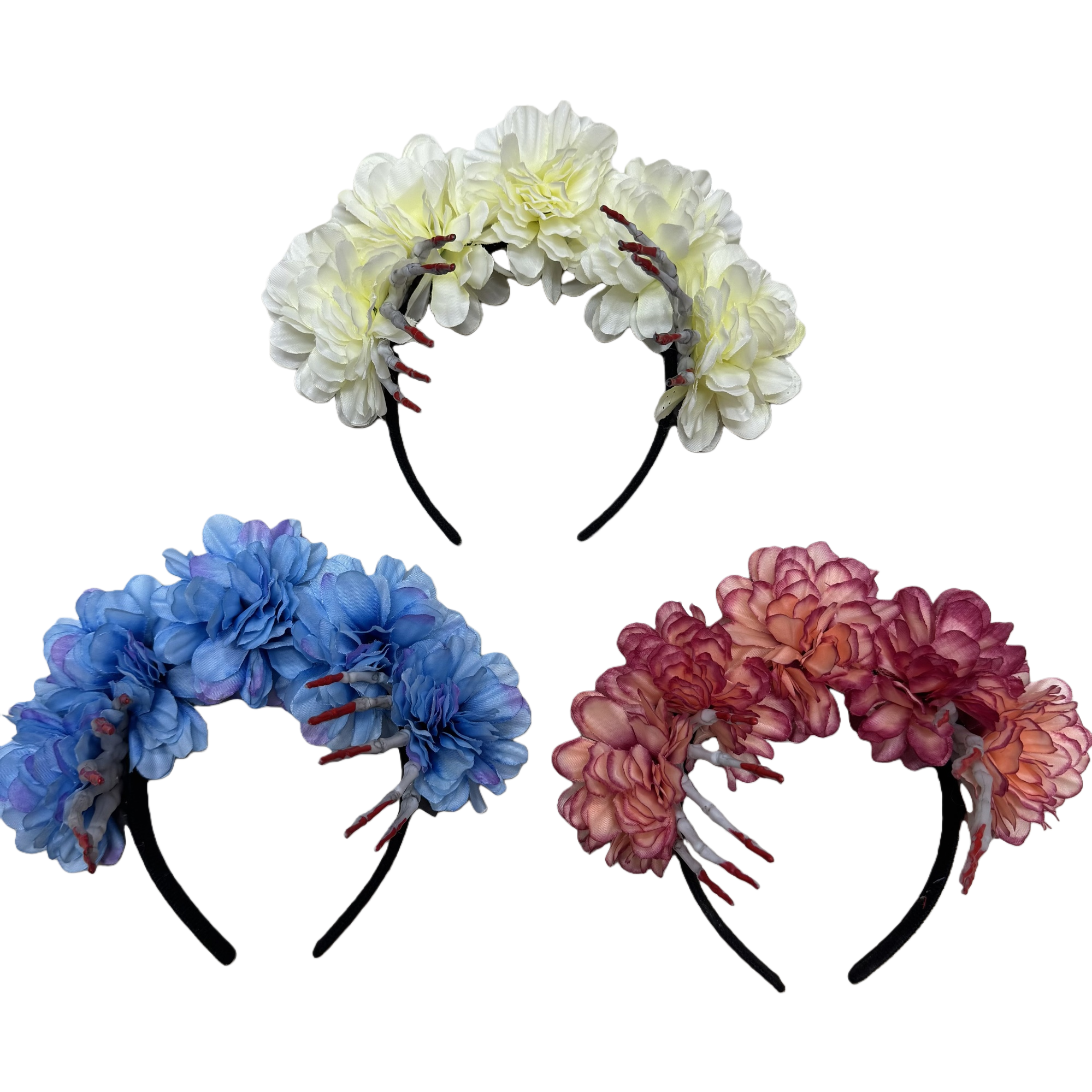 White, blue and pink flower-decorated headband, grey with red pointed claws, skull hand shape, black hairband base Item Picture