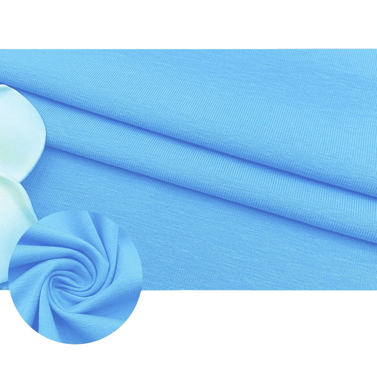 The light blue knitted fabric and high-elasticity cotton-polyester blend fabric with a width of 150cm can be used to make sweaters and sweatshirts Item Picture