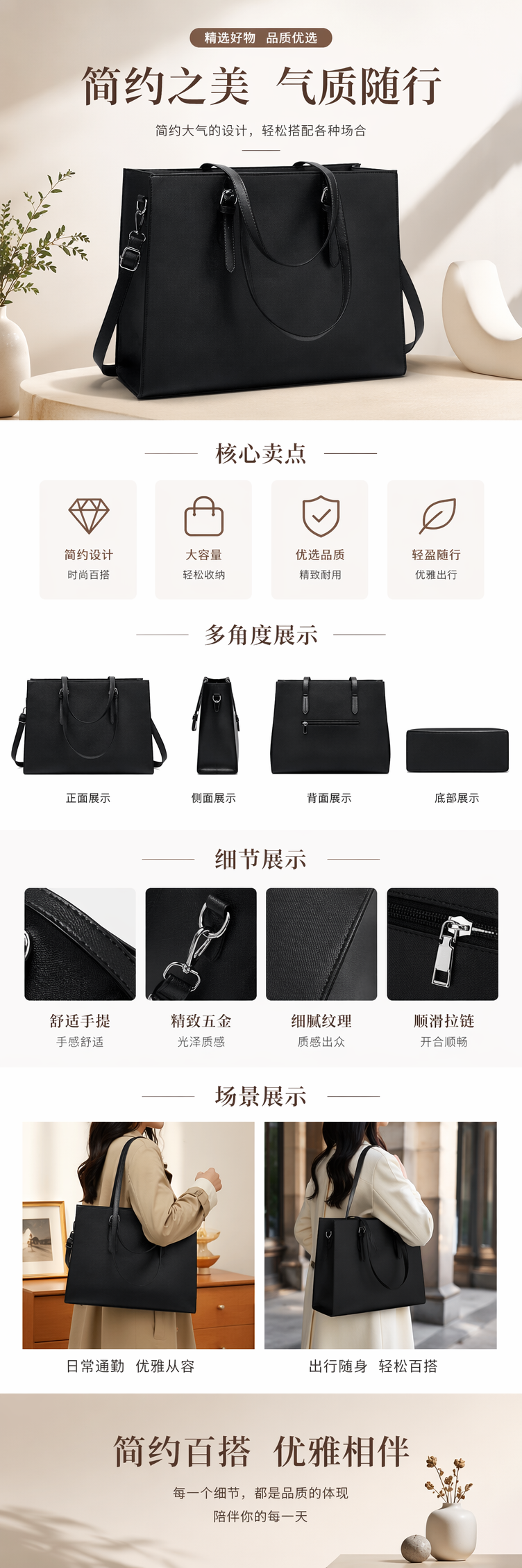黑色托特包大容量通勤手提单肩包简约百搭女士包包详情1