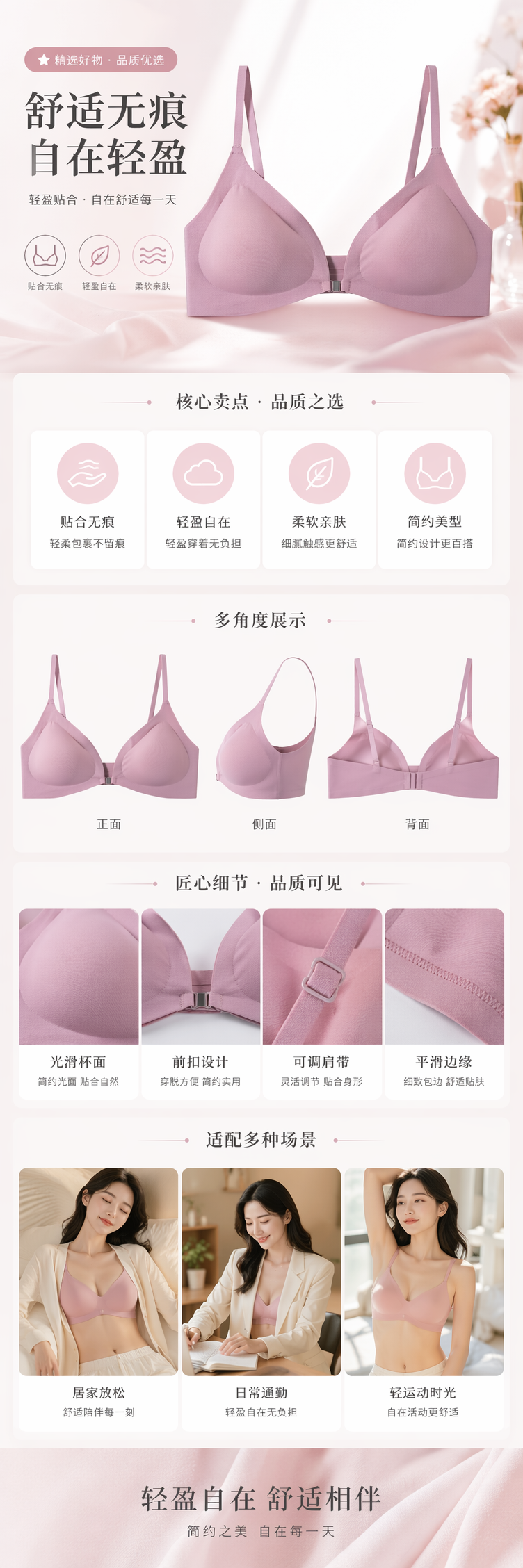 粉色无钢圈文胸 舒适聚拢内衣女无痕软支撑大罩杯详情1
