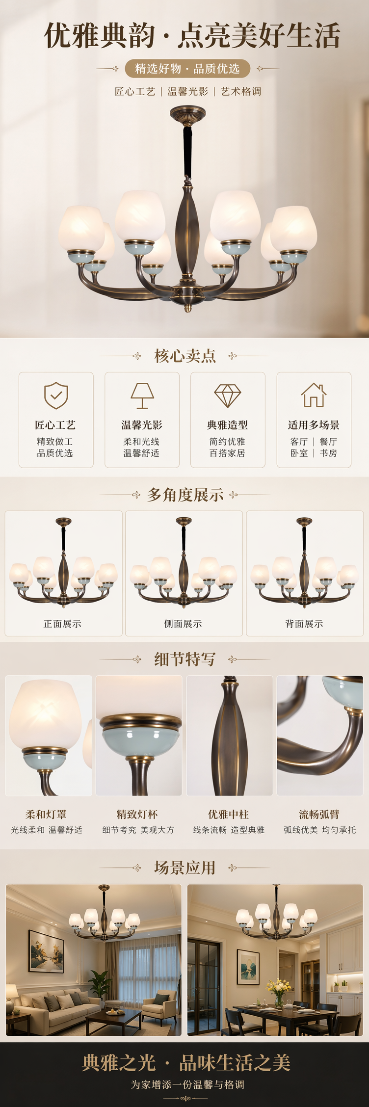 古铜色吊灯配乳白色磨砂玻璃灯罩浅青色底座详情1