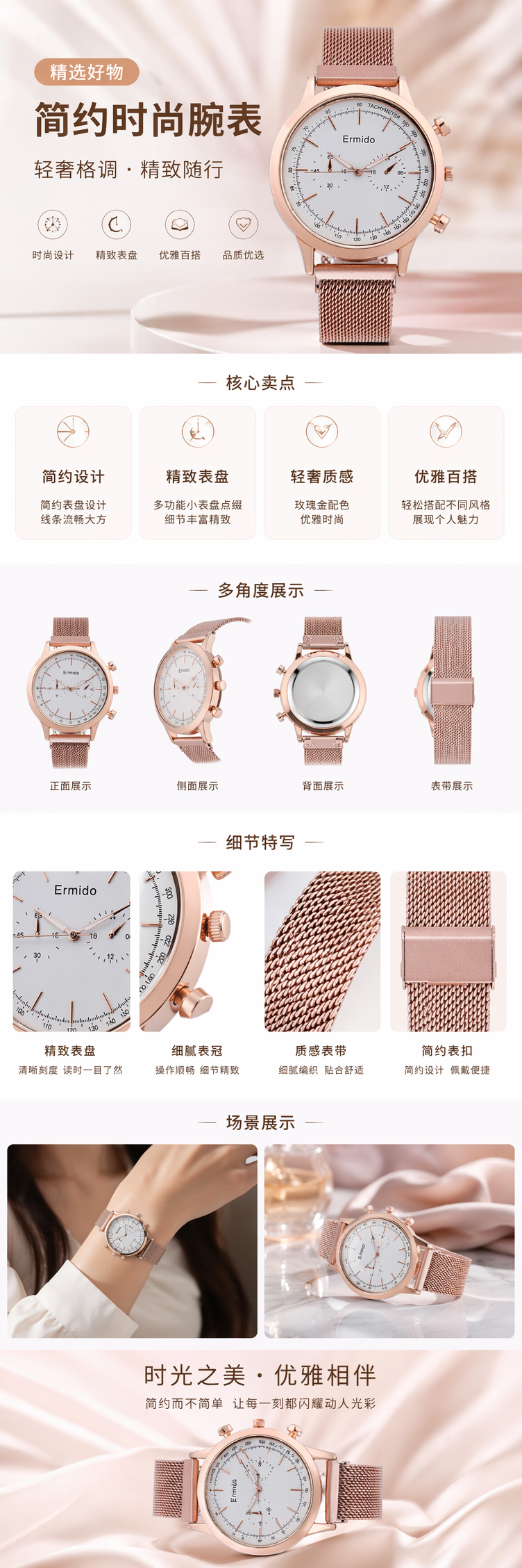 玫瑰金表壳表带白色表盘石英女士手表详情1