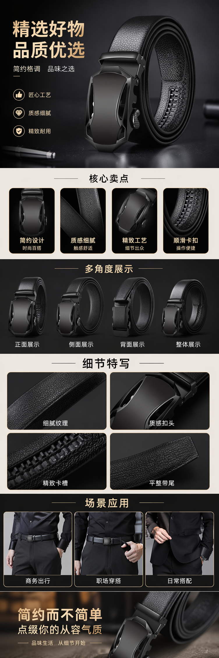 黑色真皮男士皮带自动扣商务休闲腰带详情1