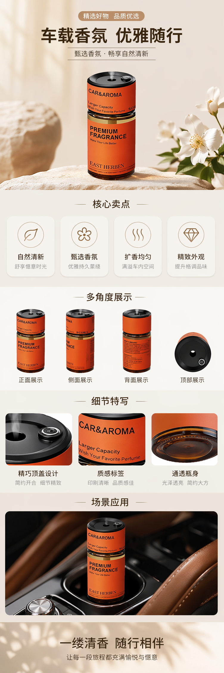 橙色圆柱车载香薰喷雾瓶 黑色盖子 CAR&AROMA EAST HERBEN PREMIUM FRAGRANCE详情1