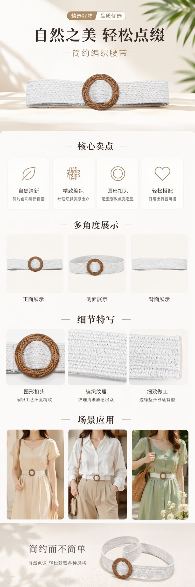 白色编织腰带配棕色圆形扣环 时尚百搭男女同款详情1