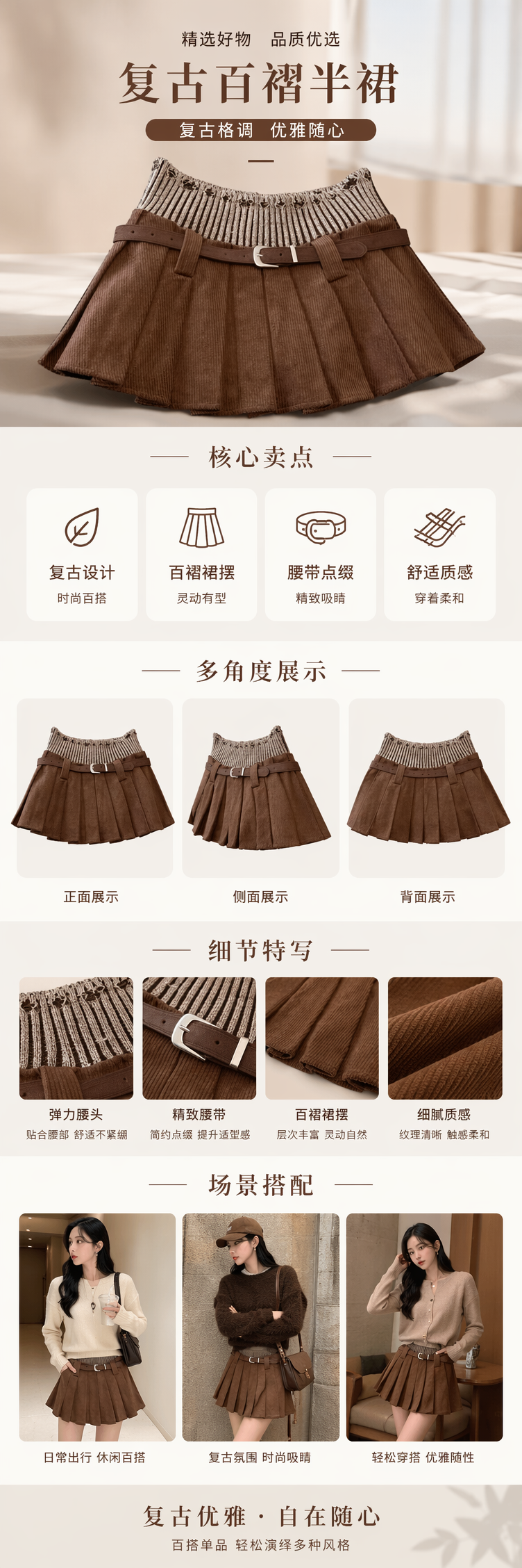 2026秋季百褶新款半身裙美式复古针织拼接短裙辣妹高腰显瘦百褶裙咖色详情1