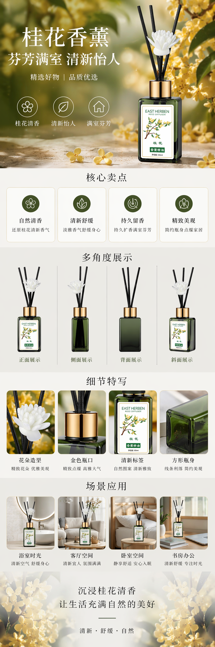 EAST HERBEN绿色玻璃瓶香薰精油配黑色香薰棒白色莲花装饰详情1