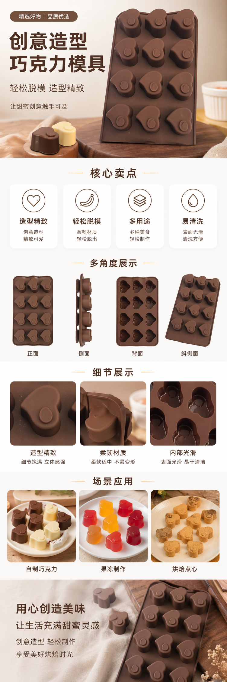 棕色心形硅胶模具 烘焙DIY蛋糕巧克力脱模工具 耐高温食品级详情1