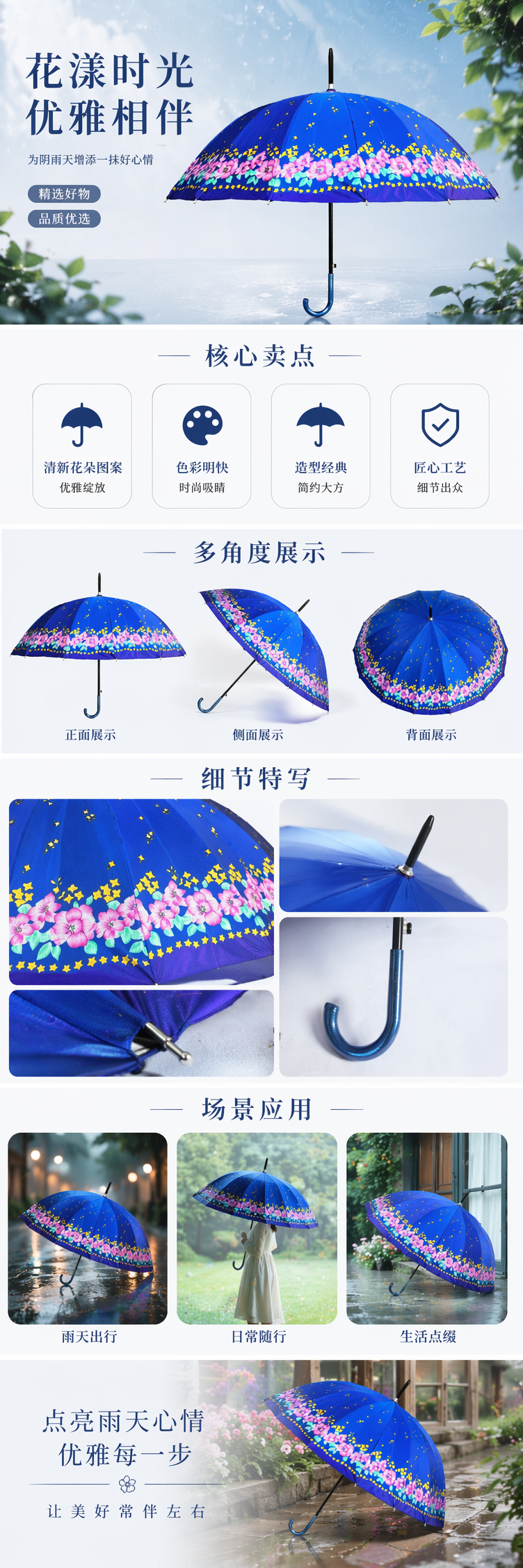 蓝色花卉图案晴雨两用伞 防水防晒轻便折叠女士专用详情1