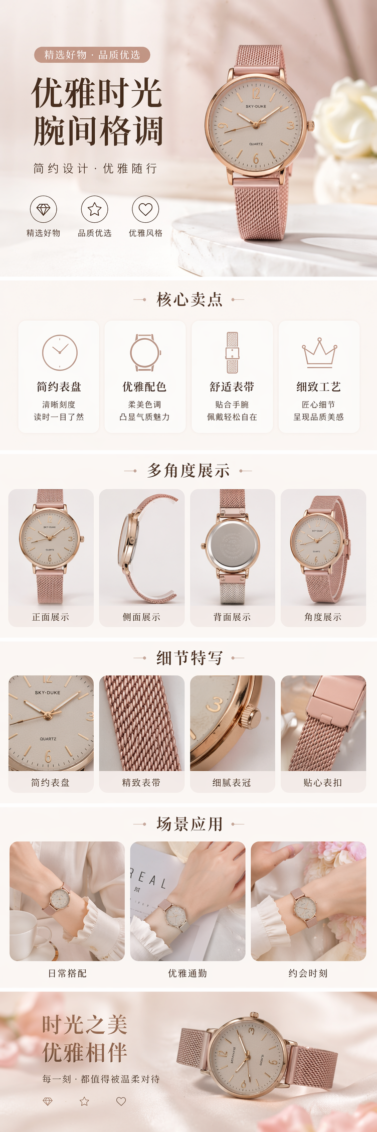 粉色金属网带手表 女士时尚简约石英表 腕表详情1