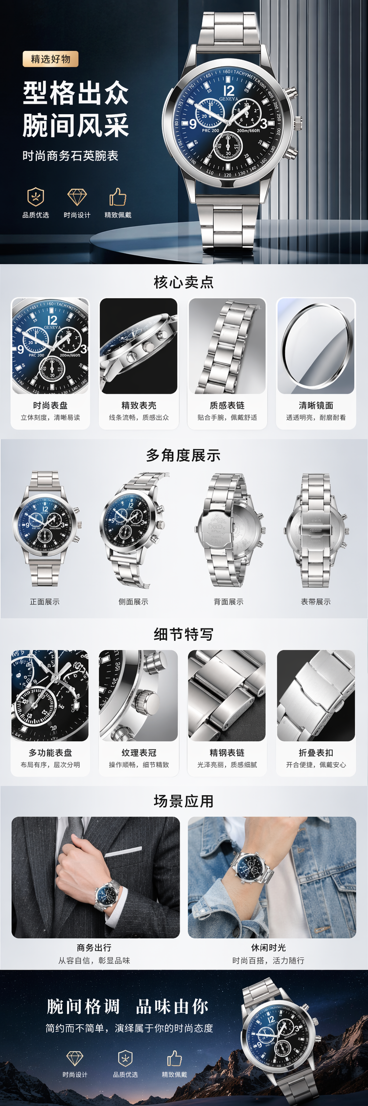 银色金属表带蓝色表盘计时码表详情1