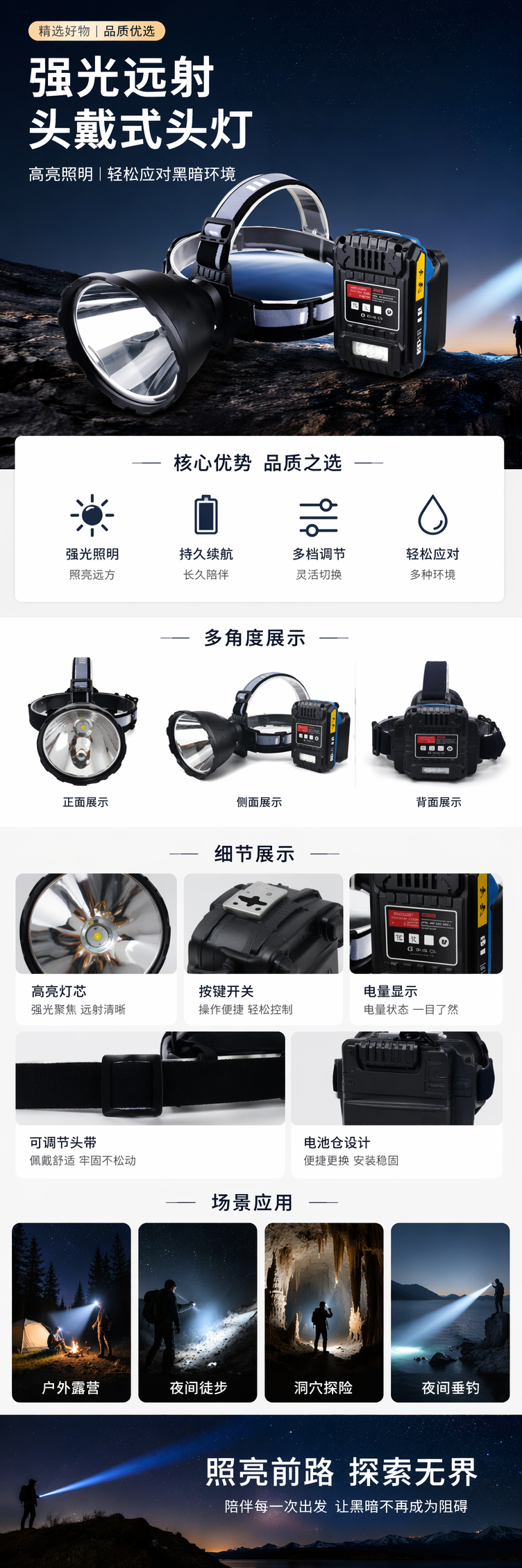 New headlamps with metal clips, dual light sources, ultra-bright illumination, large lamp beads, wide-range illumination, detachable battery base headlamps detail image 1