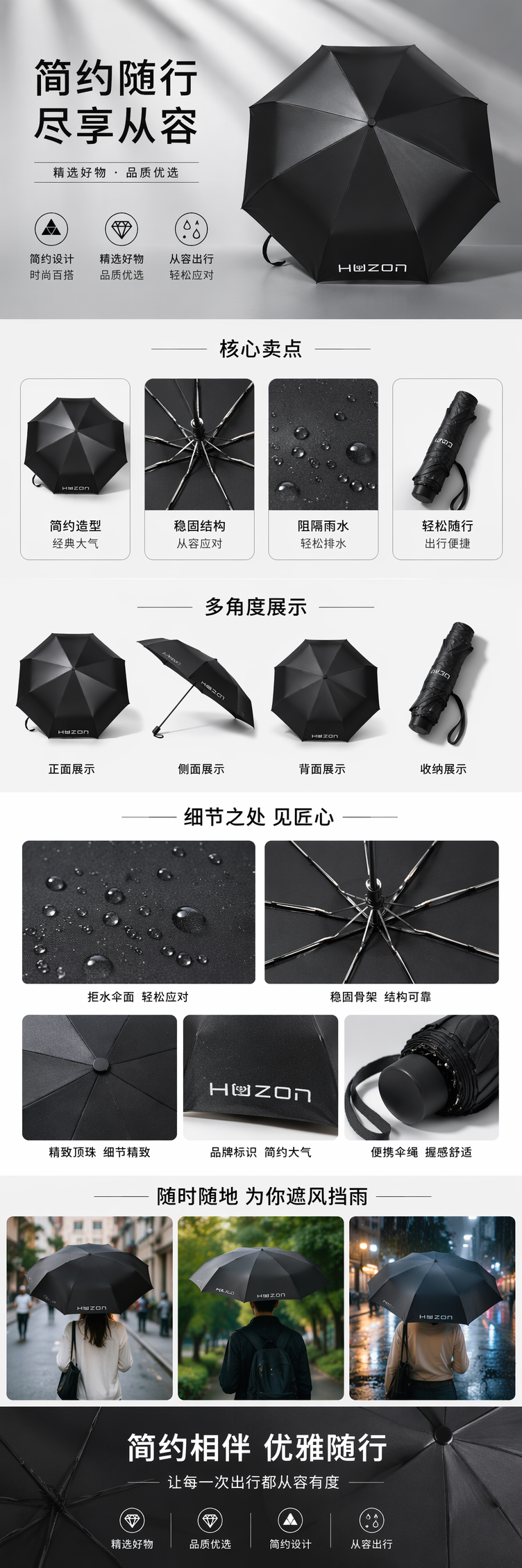 黑色全自动晴雨两用伞 防水防晒轻便折叠长柄详情1