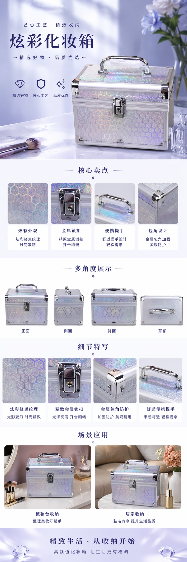 银色蜂窝纹化妆箱 便携大容量收纳整理箱详情1