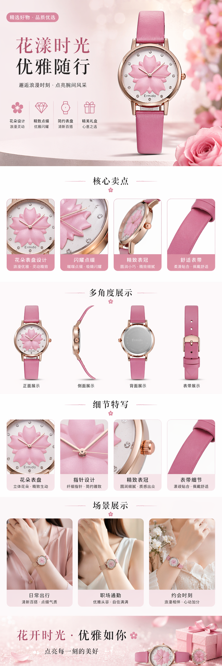 粉色樱花表盘女士石英手表 时尚轻奢简约百搭详情1