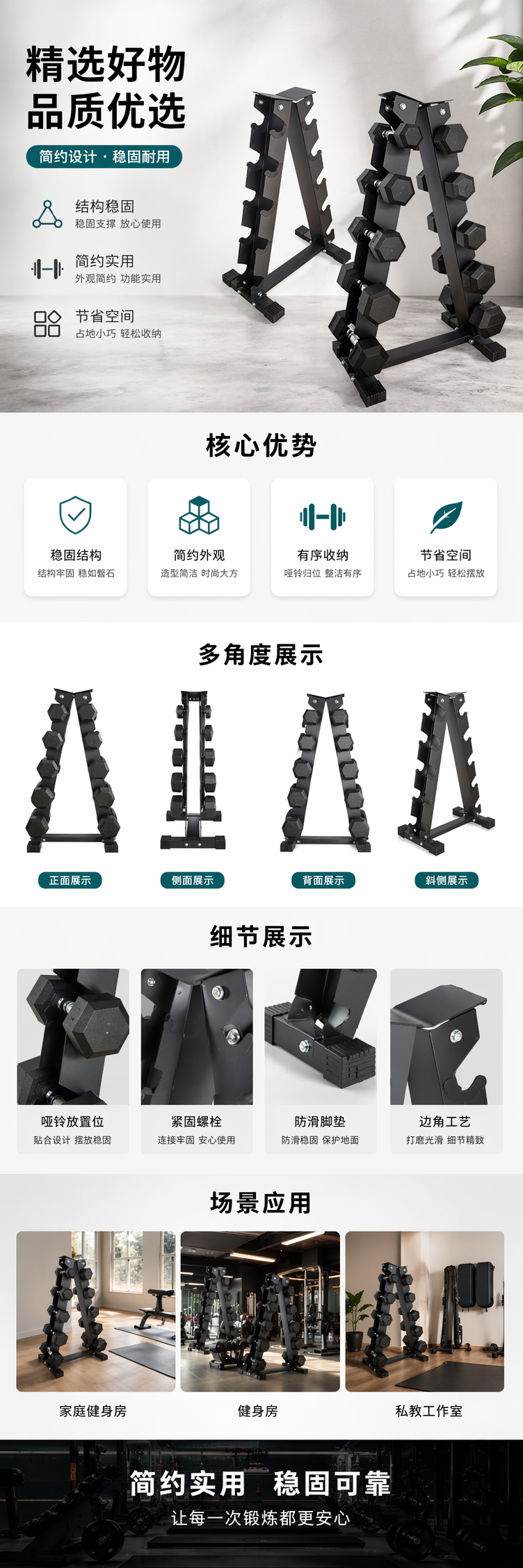 黑色哑铃架家用多功能承重健身器材免安装立式收纳架详情1