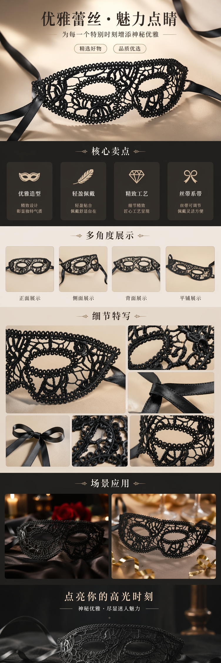 黑色蕾丝面具 透气轻盈 舞台演出派对万圣节cosplay道具详情1