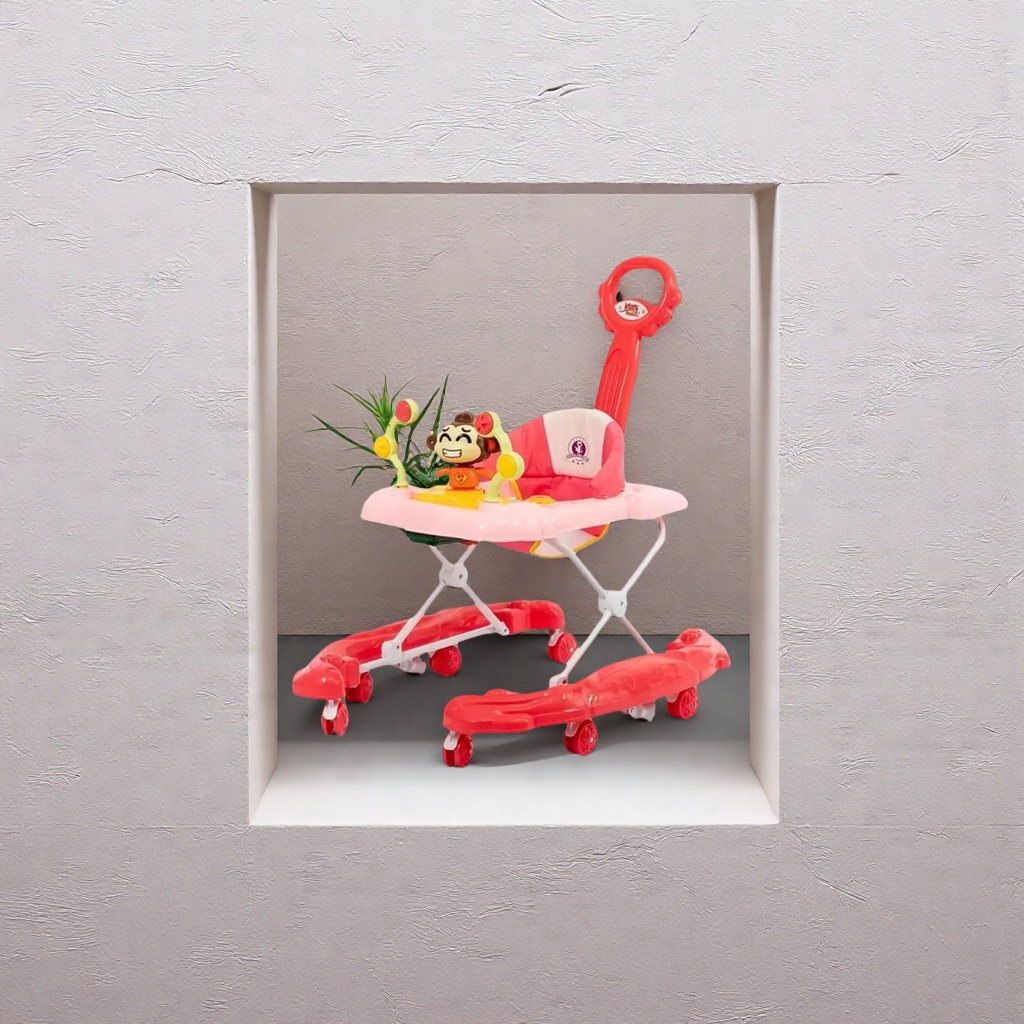 Pink baby walker, adjustable height, with musical toys Application Scenario