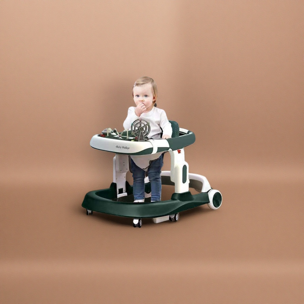 The green baby walker is a safe, stable, foldable toy with music