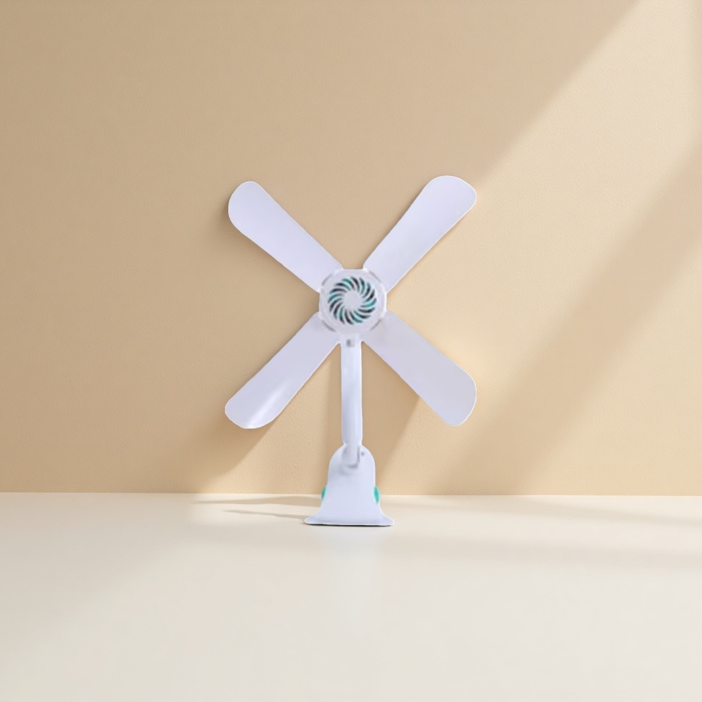 A white four-blade clip-on fan with a simple metallic texture and a portable style Specification image