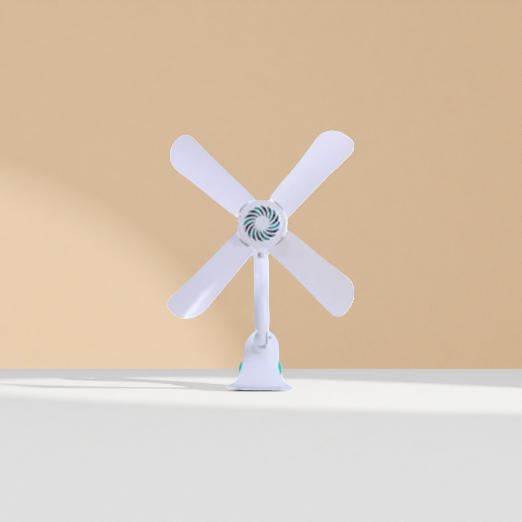 A white four-blade clip-on fan with a simple metallic texture and a portable style Application Scenario
