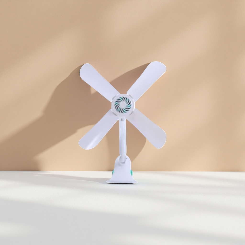 A white four-blade clip-on fan with a simple metallic texture and a portable style