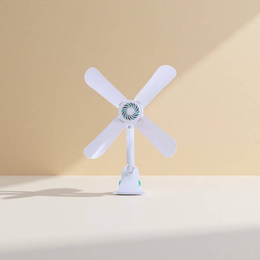 A white four-blade clip-on fan with a simple metallic texture and a portable style details Picture