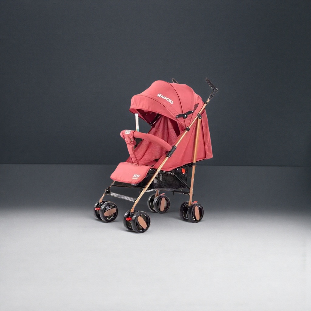 The red baby stroller is lightweight, foldable, suitable for both sitting and lying down, with shock-absorbing safety belts and a double-layer sunshade details Picture