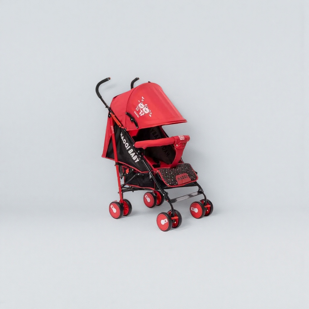 The red baby stroller is lightweight, foldable, suitable for both sitting and lying down, with a shock-absorbing design and high view, offering multiple functions details Picture